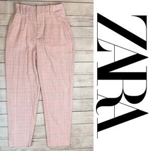 Zara Women's Pink, Ivory, Light Beige Plaid Pleated Trousers Pants  Size Small